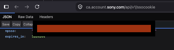 Browser showing the npsso JSON